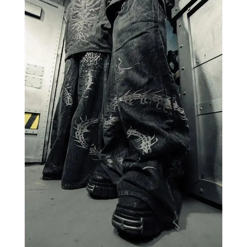 90s Gothic Centipede 3D Print Washed Oversized Wide Leg Pants Unisex Distressed Jeans Drawstring Waist Resistant to Deformation