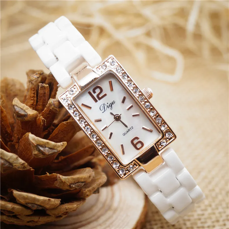 Digu Women Quartz Watch Diamond Dial White Case Band Rhinestone Orologio Luxury Ceramic Strap Clock Ladies Rectangle Wristwatch