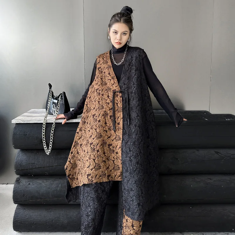 2024 Female new autumn A type style contrast color splicing fashion suit loose vest casual and pants two piece set