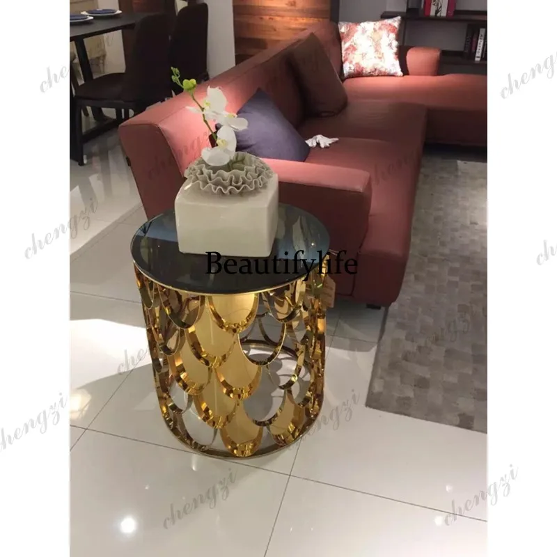 Modern fish scale stainless steel living room side table personalized gold small coffee table simple round bedroom bedside table