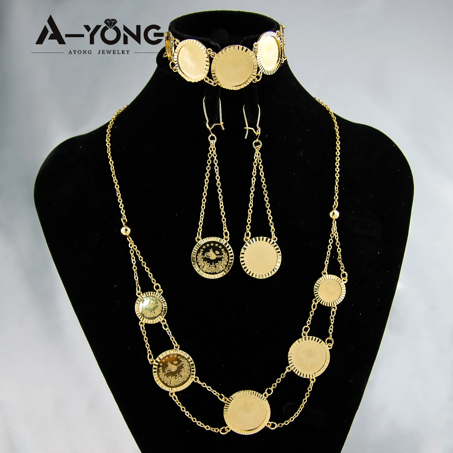 Islamisches Vintage-Gold-Schmuckset, 21 Karat vergoldetes Kupfer, türkische Lira-Münzen, Halskette, Armband, Ohrringe, Luxus-Schmuck aus dem Nahen Osten – Detail 1