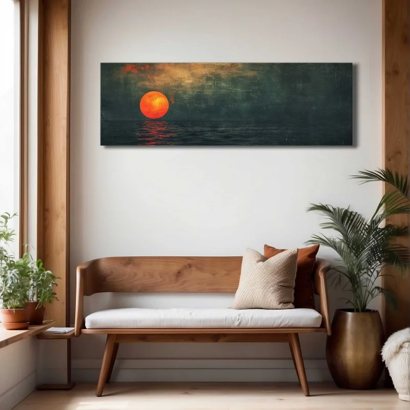 Unframe Sunset Over The Emerald Green Ocean Pattern Minimal  Wall Art Unframed - Vintage Painting Print Boho Wall Canvas Art