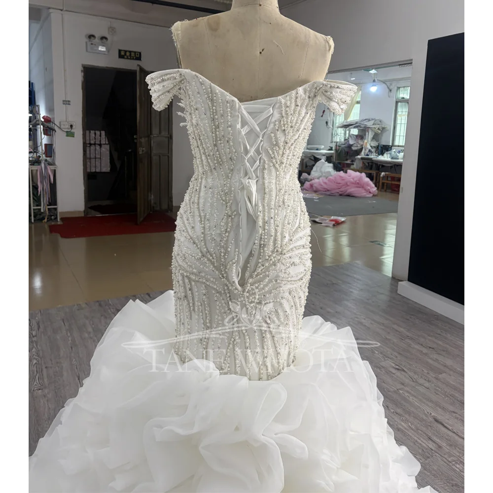 Elegant Off The Shoulder Sweetheart Wedding Dress With Detachable Ruffles Beaded Sequined Lace Up Back Sheath Customizable Sexy