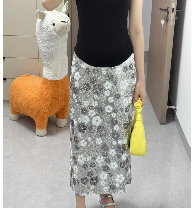 Summer New Heavy Industry Color Matching Sequined High Waist Skirt Light Luxury Floral Socialite Fashion All-Match A-line Skirts