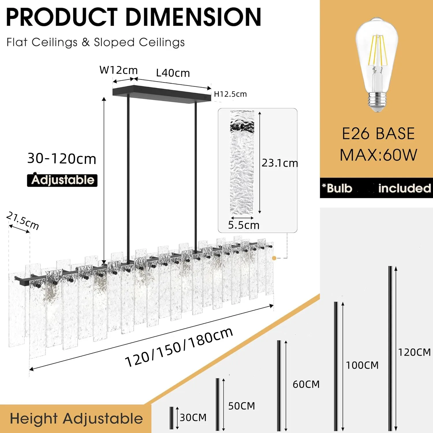 ثريا كريستالية طويلة من الزجاج لغرفة الطعام وطاولة المطبخ وأضواء السقف الخطي المستطيلة مع زجاج تموج الماء #6