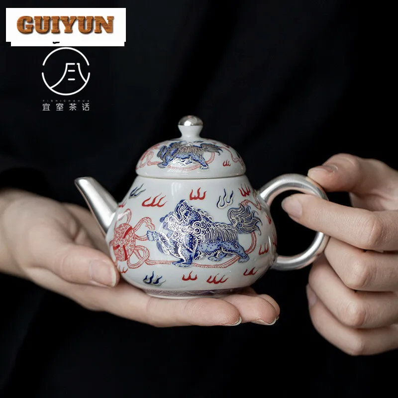 150ml Handamde 999 Sterling Silver Gilded Teapot Elegant Lion Awakening Pot Tea Brewing Kettle with Filter Tea Ceremony Gifts