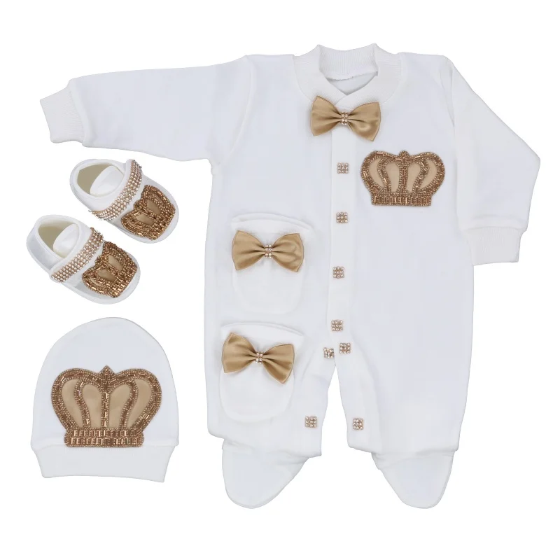 Rhinestone Crown Bow Baby Footed Jumpsuit Newborn 0-9 Months 4Pcs White Gold Prince Romper Boutique Baby Gift