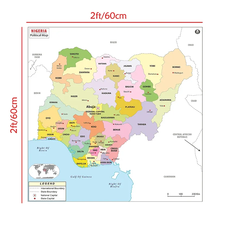 60*60cm el mapa política de Nigeria sin marco, lienzo de pintura, arte de pared, carteles e impresiones, decoración del hogar, suministros de estudio para el aula