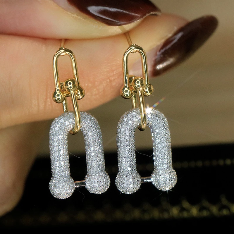 LUOWEND 100% 18K White+Yellow Gold Earrings Luxury Design 0.90carat Real Natural Diamond Drop Earrings for Women Fine Jewelry