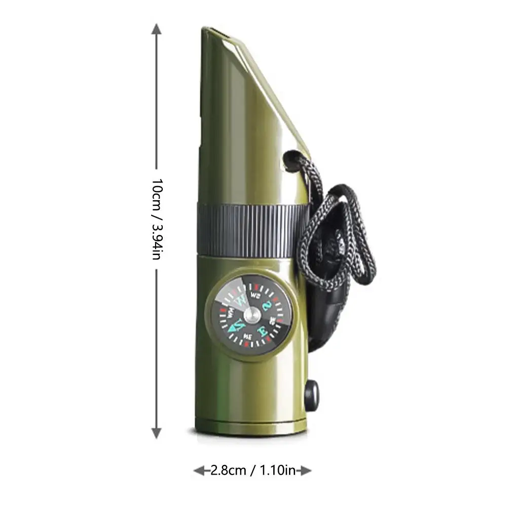 7 in 1 Jungle Survival Whistle Hiking Whistle Compass Mirror Flashlight Magnifier LED Light Thermometer Storage Compass Tool