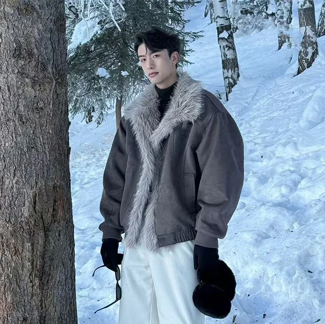 

Autumn Winter Men Jacket American Turn Down Collar Male Plush Coat Patchwork Single-breasted Long Sleeve Man Outerwear