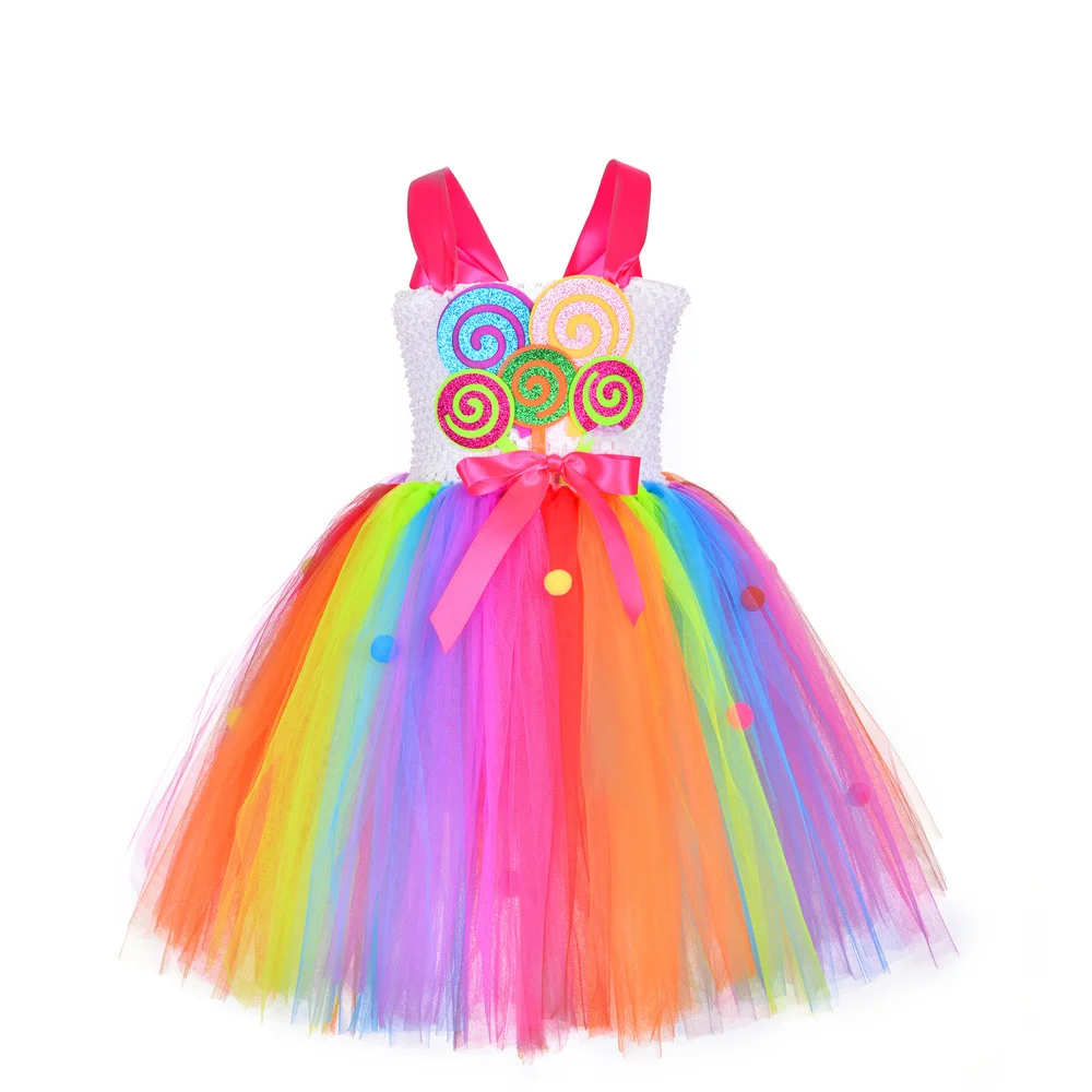 2025 Purim Festival Lollipop Candy Dress for Girls Hand Knitted Skirt Mesh Splicing Cosplay Costume Candy Princess Dresses