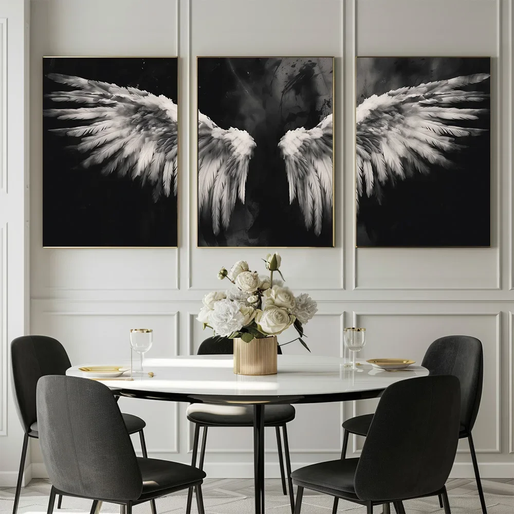 3pcs, Canvas Painting--unframeless, Black and white art of two large angel wings, Living Room Bedroom Canvas Painting Light Luxu