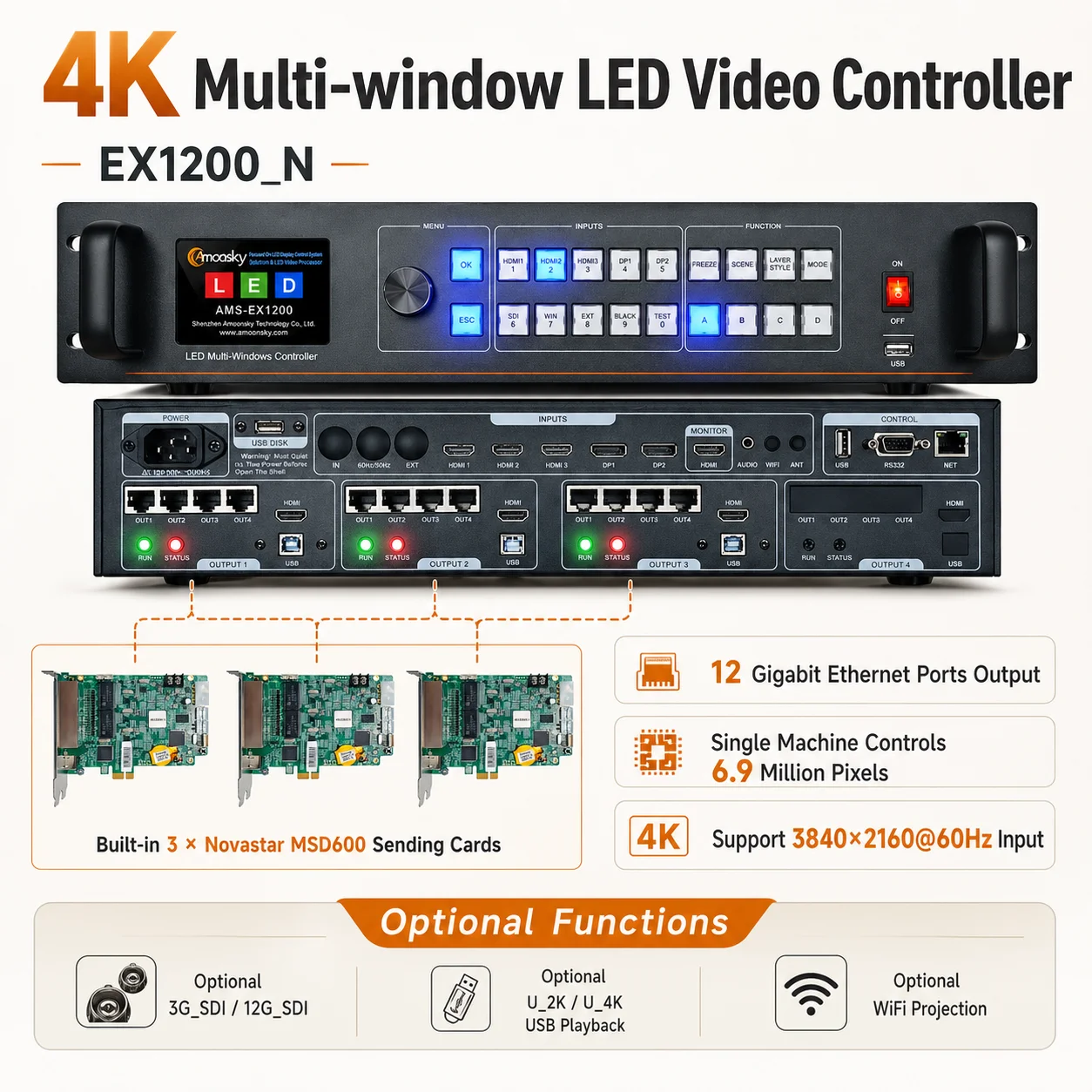 Amoonsky EX1200 Video Controller with MSD600 Nova Sending Card MSD600 12 RJ45 Gigabit Output