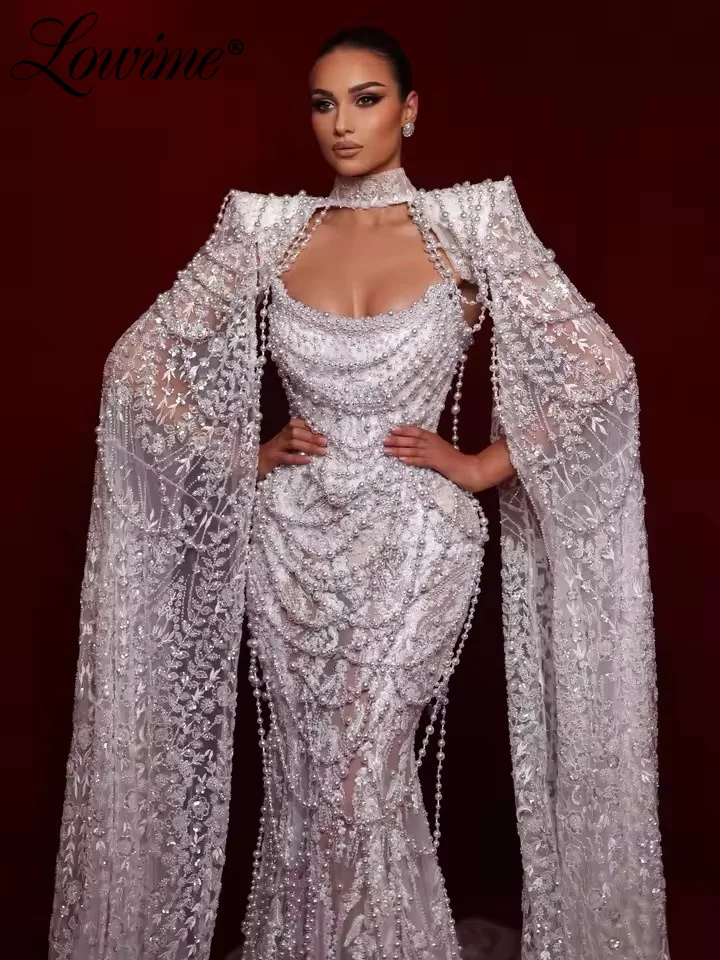

White Cape Sleeves Celebrity Dresses Customized Elegant Mermaid Prom Dress Engagement Party Gowns Pearls Beaded Evening Dress