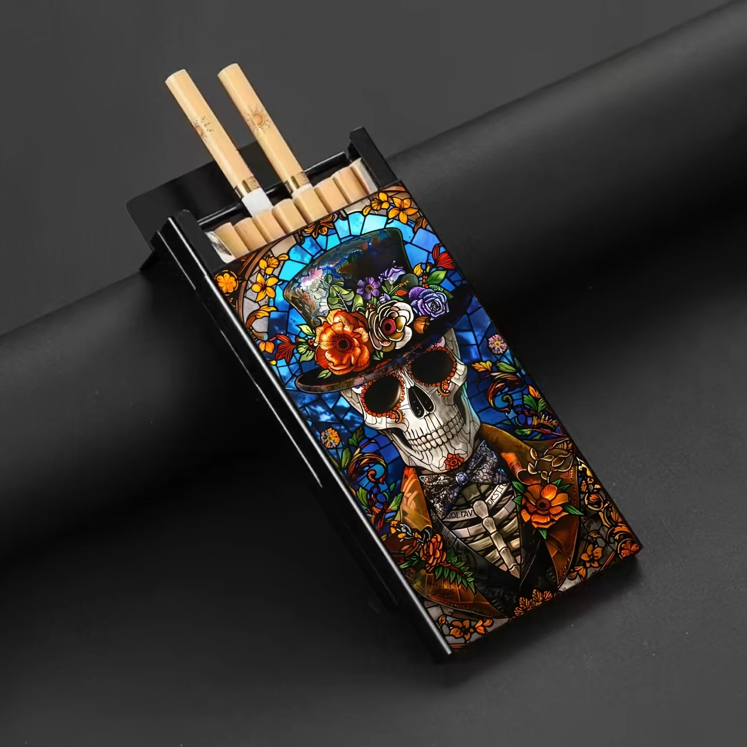 Aluminum street-style cigarette case with a fine skull design-perfect for slender cigarettes,gift for smoking enthusiasts