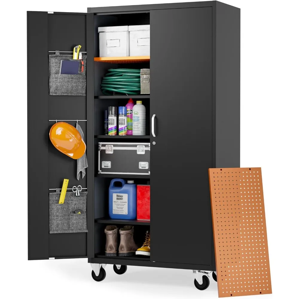 

Extra-Spacious Metal Storage Cabinet with Wheels | Rolling Locking Garage Storage Cabinet with Doors, Pegboard and Powder-Coated
