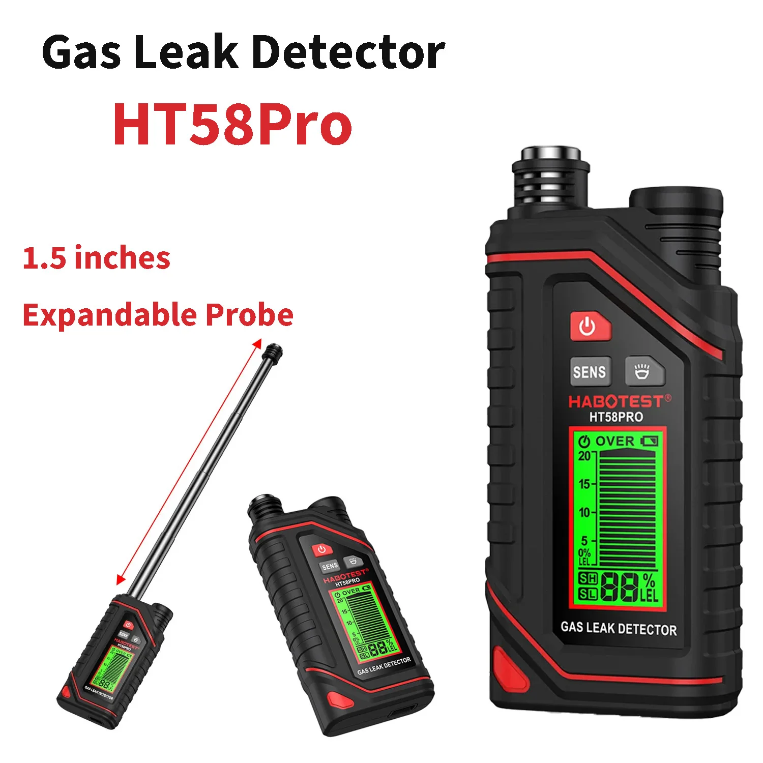 HT58PRO Combustible Natural Gas Detector Rechargeable Flammable Gas Leak Monitor Tester Gas Sniffer Extendable Probe Gas Tester