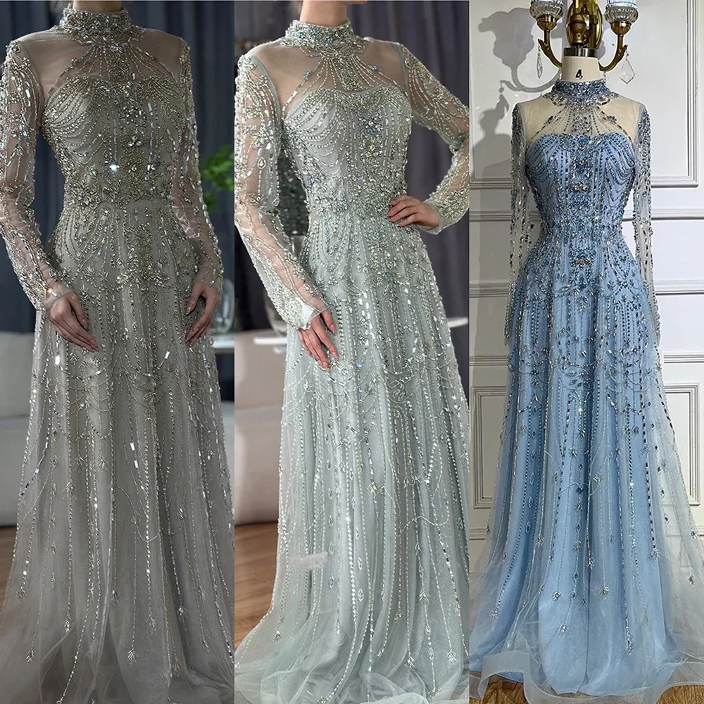 Serene Hill 2025 Arabic A-Line Blue Lace Beaded Luxury Evening Gowns Customize Party Dubai BLA72704