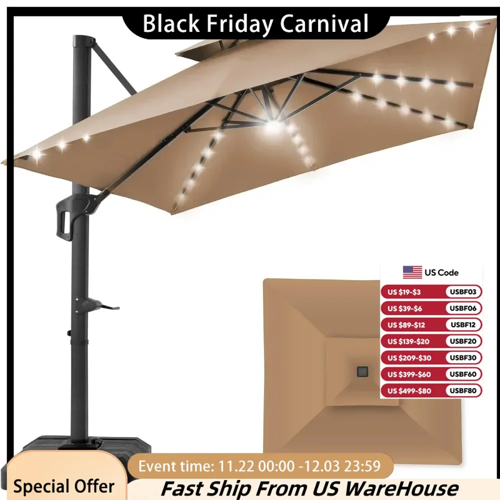 10x10ft 2-Tier Square Cantilever Patio Umbrella with Solar LED Lights, Offset Hanging Outdoor Shade Sun for Backyard