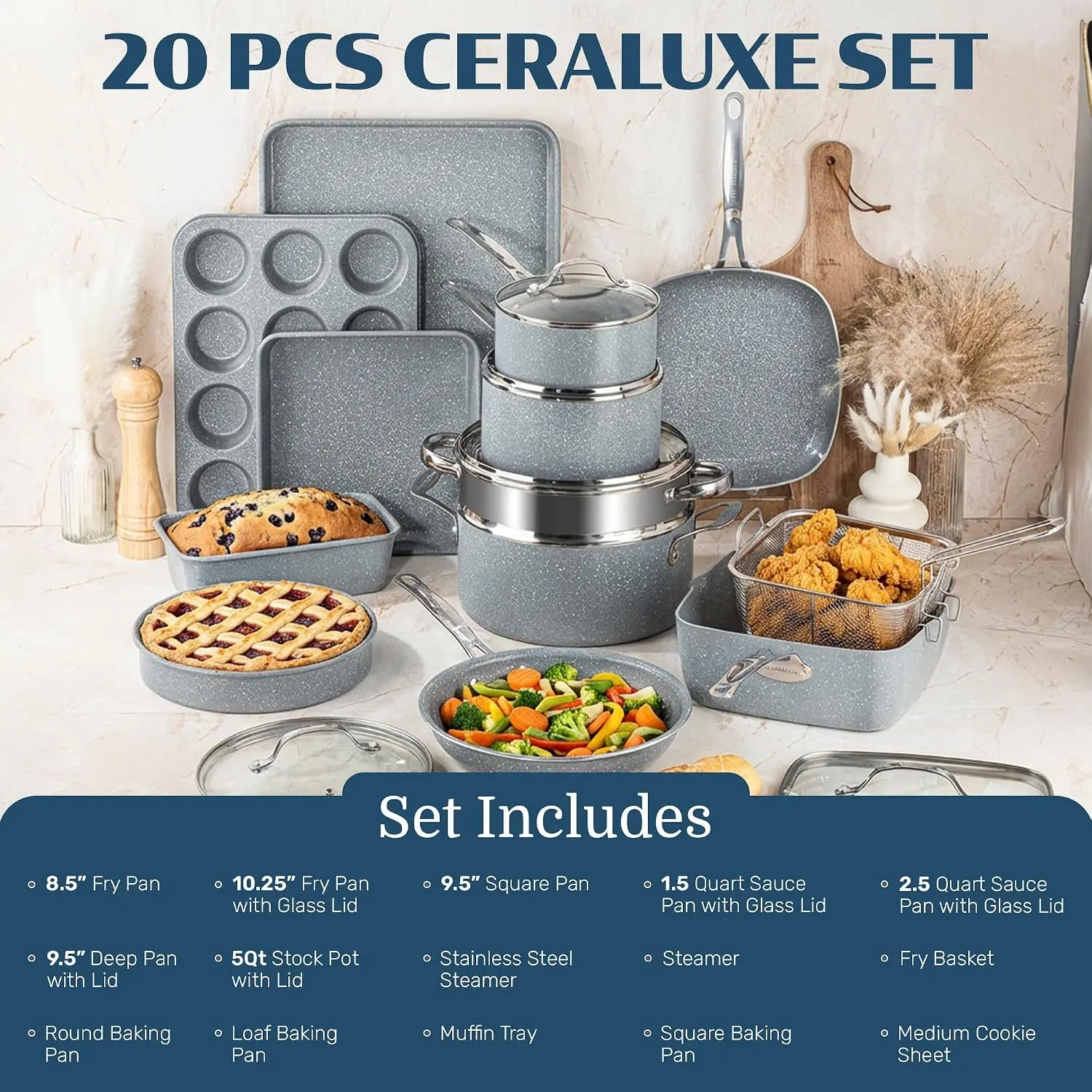 Ceraluxe 20 Pc Ceramic Cookware Set Nonstick, Complete Pots and Pans Set Non Stick with 5 Pc Bakeware Set, Deep Frying Pan Set,