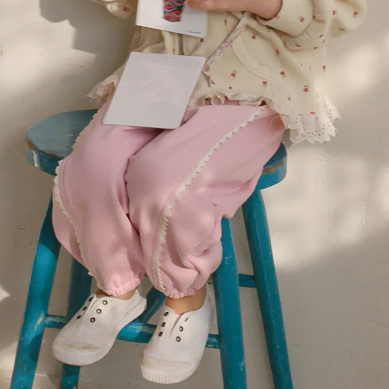2026 Spring Autumn New Korean Children Pants Girls Elegant Lace Versatile Loose Casual Sports Pants