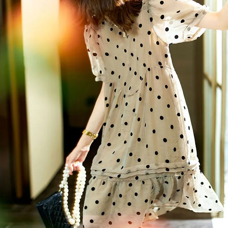 Sweet Stylish Polka Dot Printed Chiffon Midi Dress Summer Elegant Folds Patchwork Women\'s Clothing Loose A-Line O-Neck Dresses