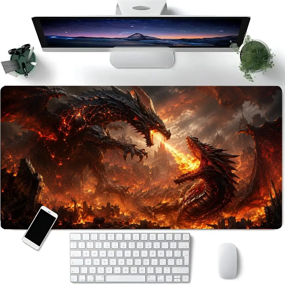 Fiery Lava Fighting Dragons Hell Ruin Castle Gaming Mouse Pad, Stitched Anti-Slip Rubber Mat for Gaming Office Desktop Decor