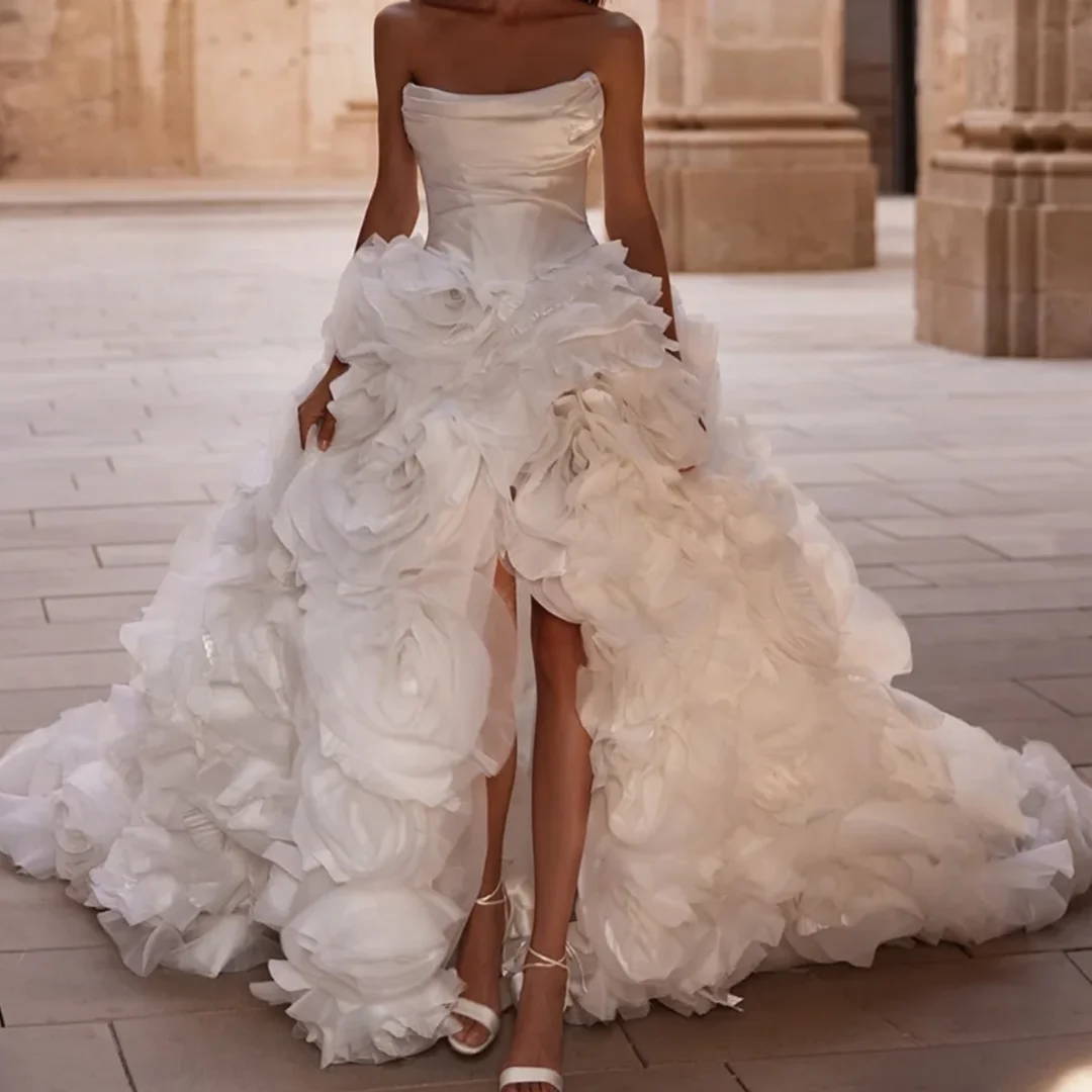 

Elegant 3D Appliques A-line Wedding Dresses Sleeveless Stain Bridal Gown Luxury High Split Floor-length 2025 Customized