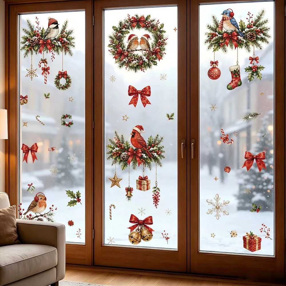 Guirlande de Noël avec oiseaux et clochettes, autocollants décoratifs pour fenêtres, décoration pour la maison, le bureau, les vitrines, les portes vitrées
