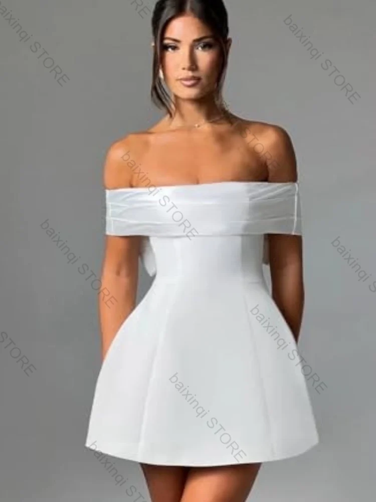 White Satin Evening Dress Women Bow Short Skirt Strapless Formal Occasion Can Custom Wedding Communion Women's Evening Dresses