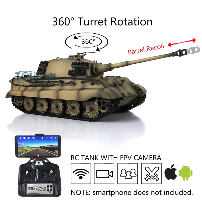 Heng Long 1/16 7.0 พลาสติก FPV King Tiger RC ถัง 3888A 360 °   Turret BarrelRecoil อินฟราเรด Battle รถทหารของเล่น TH17522