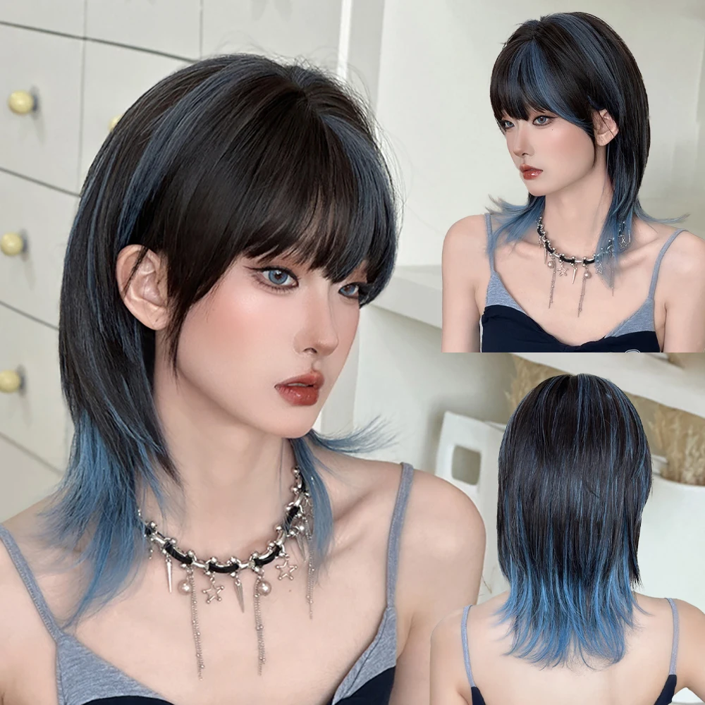 High-Quality Blue Mullet Synthetic Hair With Bangs, Suitable For Daily Parties, Anime Role-Playing, Lolita Natural Wolf Tail Wig