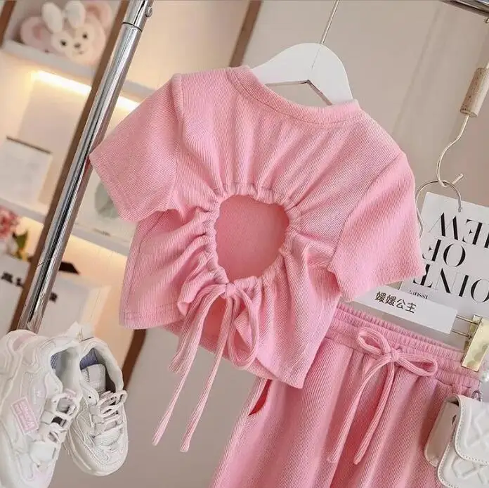 Retail 2023 New Baby Girls Teenage Summer Fashion Pink Sets,  Back Hollow Out Top+ Pants   3-10T