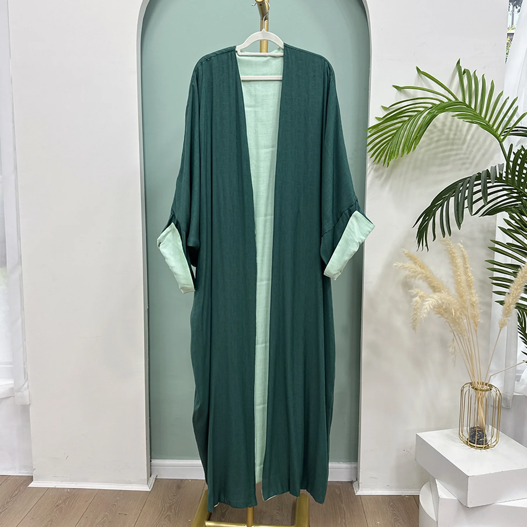 Muslim Women Reversible Open Front Abaya Cardigan Robe Solid Color Turkish Elegant Modest Dress