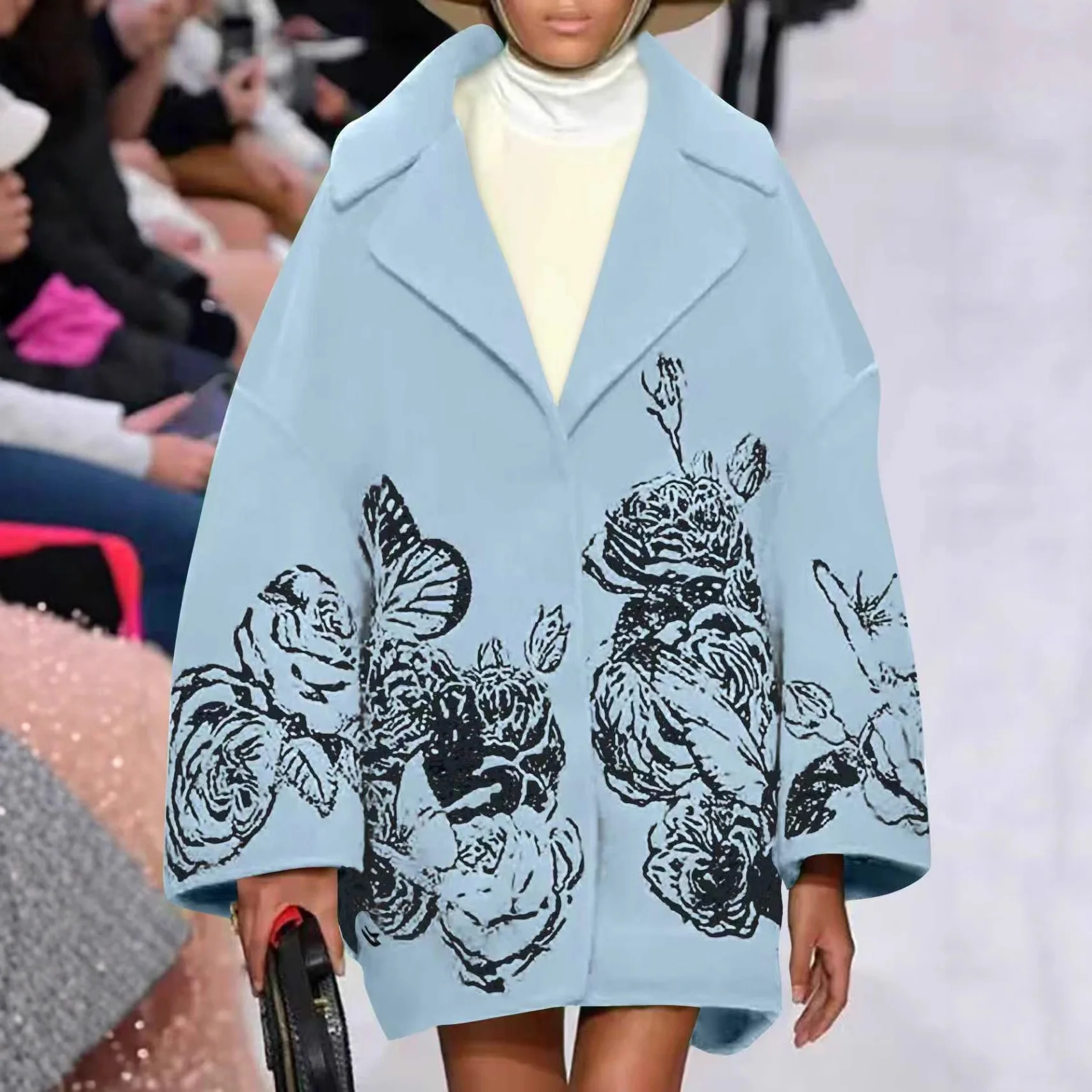 

Casual Loose Printed Woolen Coat for Women Polyester Fiber 50% Other Materials 50% Floral Pattern Single Button Closure Coat