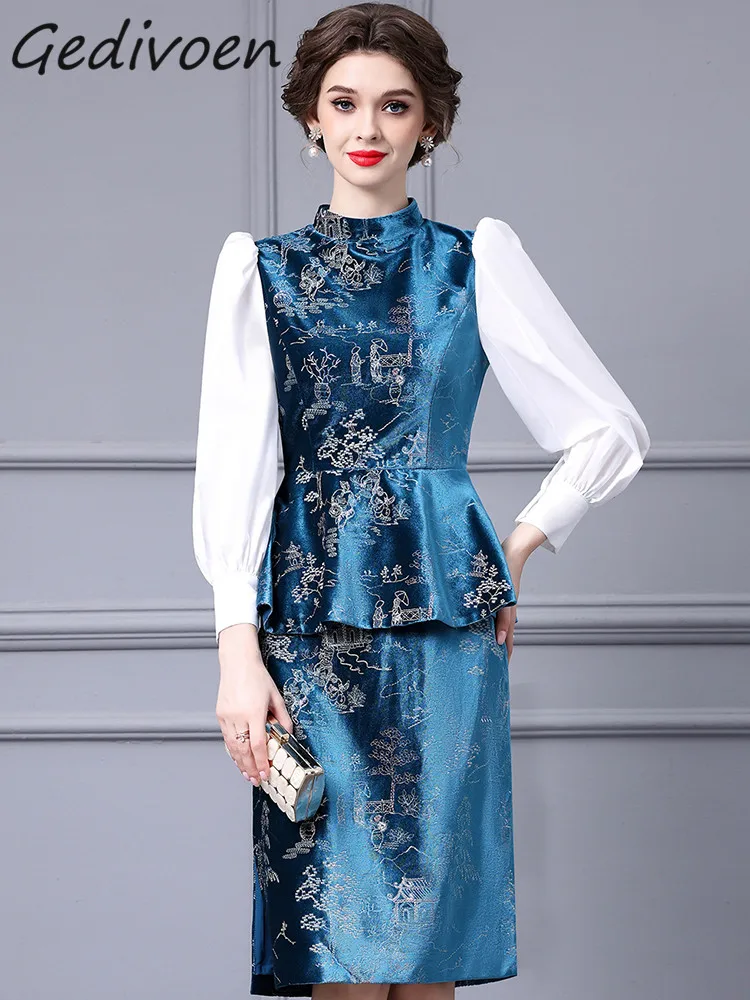 

Gedivoen Autumn Fashion Runway Vintage Hit Color Spliced Dress Women Lantern Sleeve Embroidery Ruffle High Waist Slim Long Dress