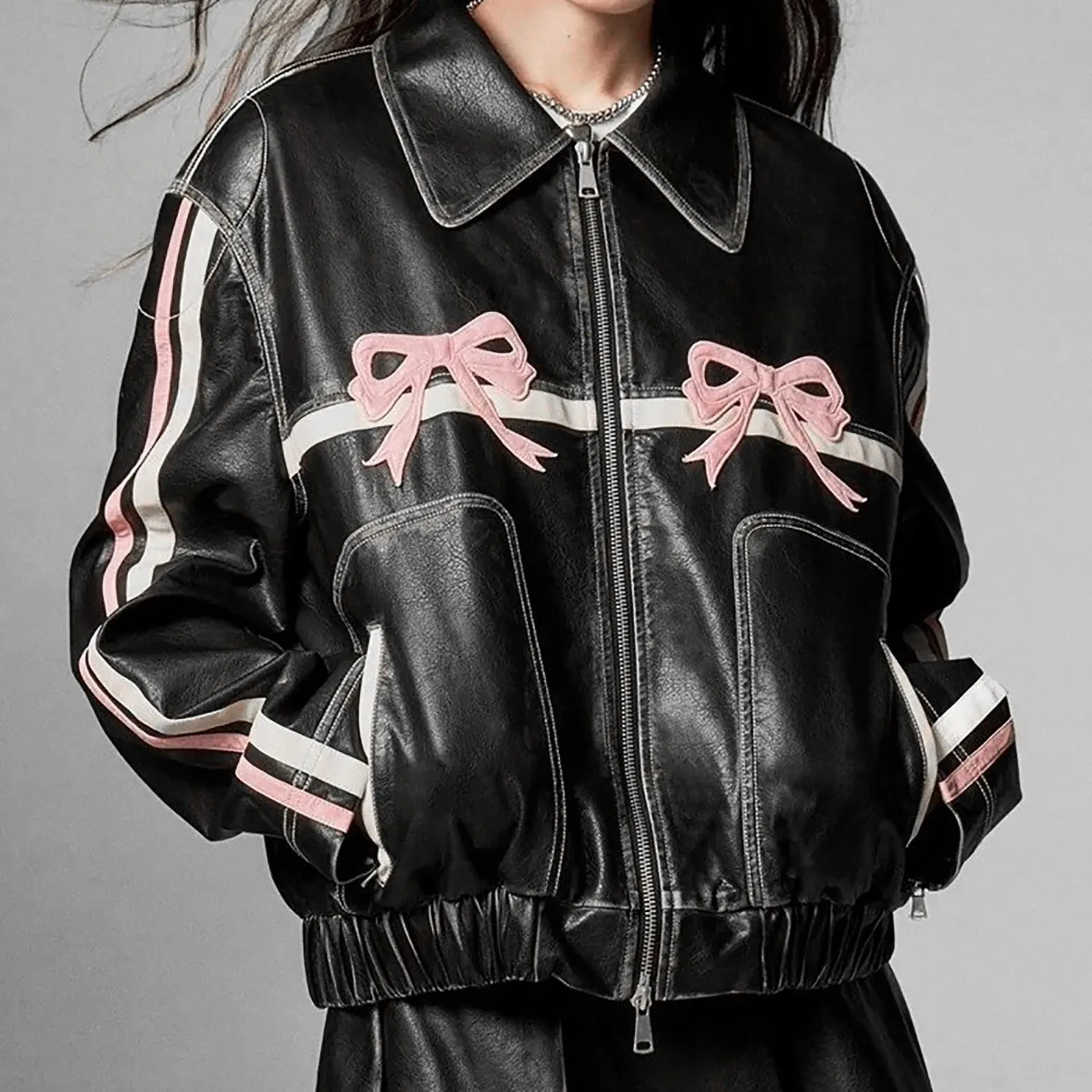 Contrast Hip Hop Spice Girl Pink Bow Motorcycle Leather Jacket Women Fashion Zipper PU Coat Loose Street Fashion Jacket Top