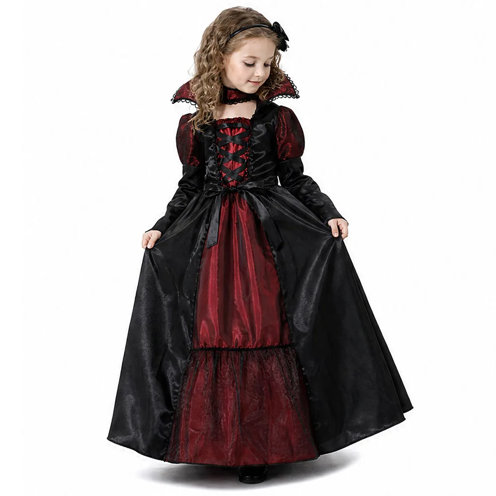 Vampire Queen Cosplay Costume Medieval Gothic Black Red Long Dress With Lace Collar Girls Halloween Party Role Play Fancy Outfit