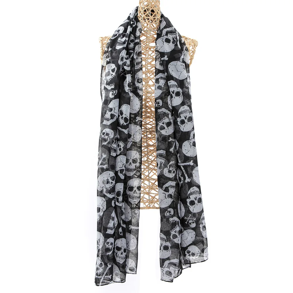 Black Skull Print Scarf For Women Men Lightweight Long 180cm White Skeleton Pattern Neck Scarves For Halloween Cosplay Daily