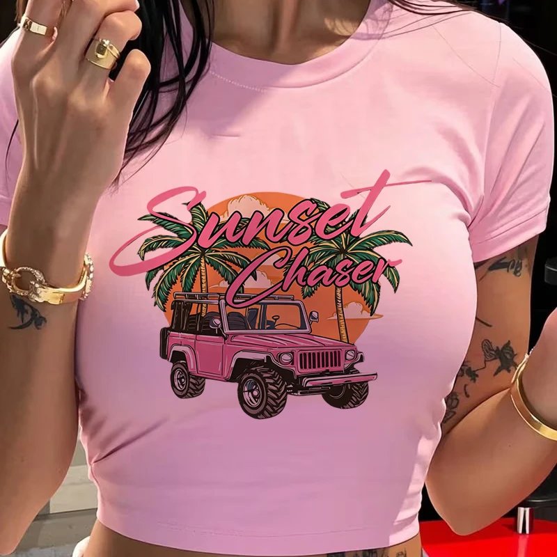 90s Sunset Chaser Sexy Crop Tops with Jeep and Coconut Tree Design Print Retro Women's Short Sleeve Cropped T Shirt Girl Clothes