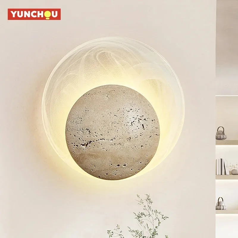 

Японский настенный светильник Wabi Sabi из желтого травертина со стеклянным плафоном и LED-подсветкой для гостиной, спальни, фонового освещения, декора коридора