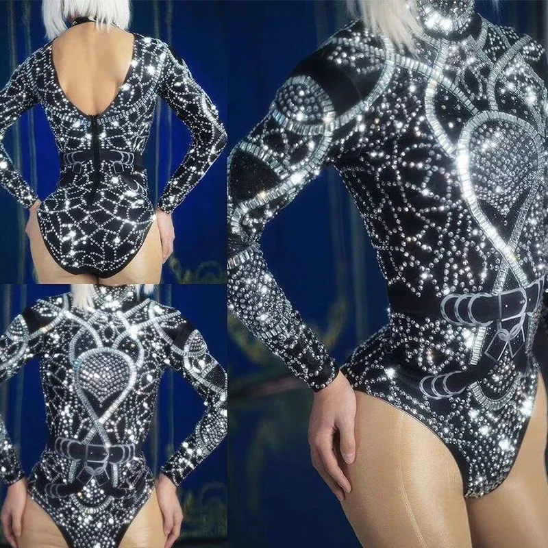 Silver Black Rhinestones Bodysuit  Women Nightclub Crystals Costume Female Sexy Singer Elastic Leotard Stage Show Outfit