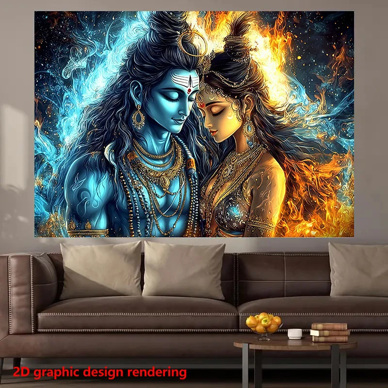 Shiva Parvati Tapestry, Hindu God Goddess Wall Hanging, Blue Fire Art Decor for Bedroom Living Room Yoga Background