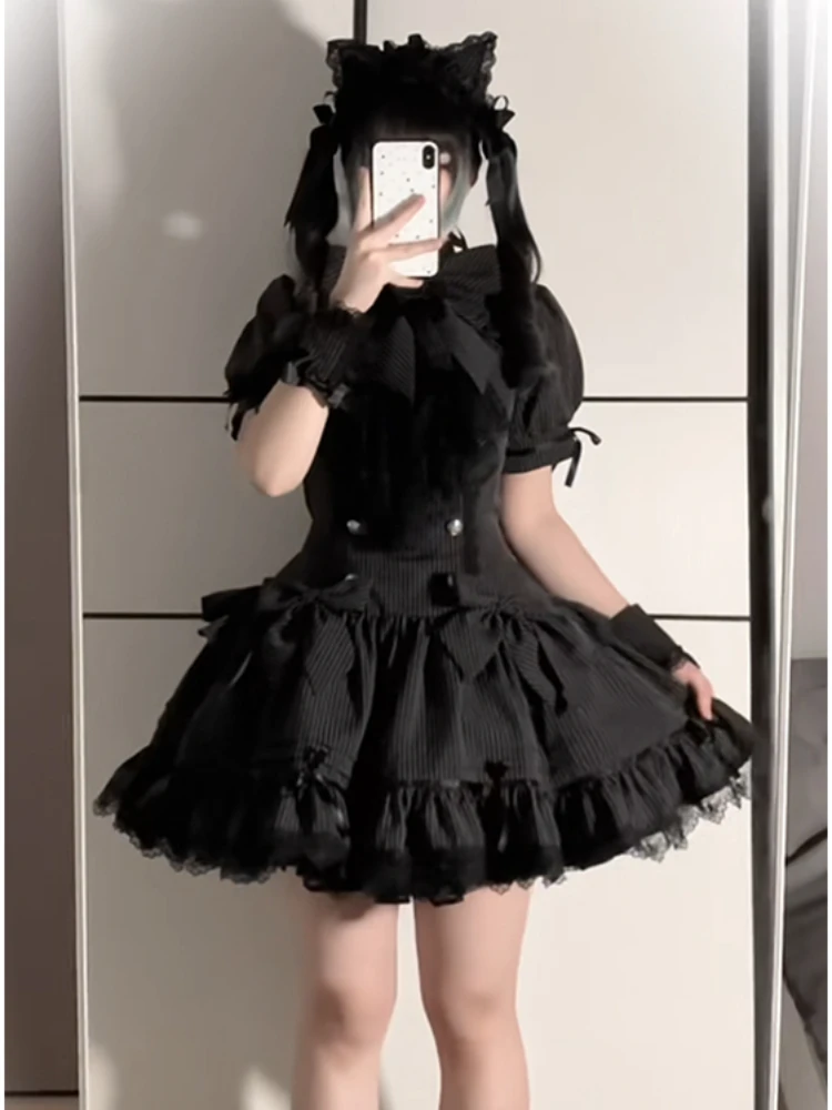French Romantic Lolita Dress Spring Summer New Gothic Stripe Elegant Big Bow Lace High Neck Waist Cinching Tiered Cake Dress Y2k
