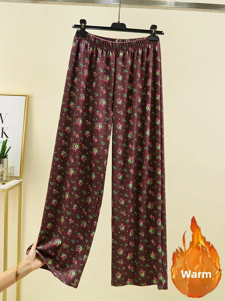 

Зимние брюки Thiened, женские свободные прямые домашние брюки, длинные брюки с высокой талией, удобные теплые пижамы с цветочным принтом