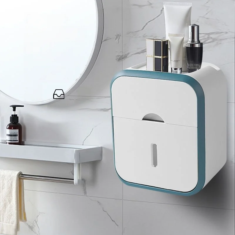 Wall‑Mounted Waterproof Toilet Paper Holder, Bathroom Tissue Box with Storage Drawer & Top Shelf for Roll & Facial Tissue