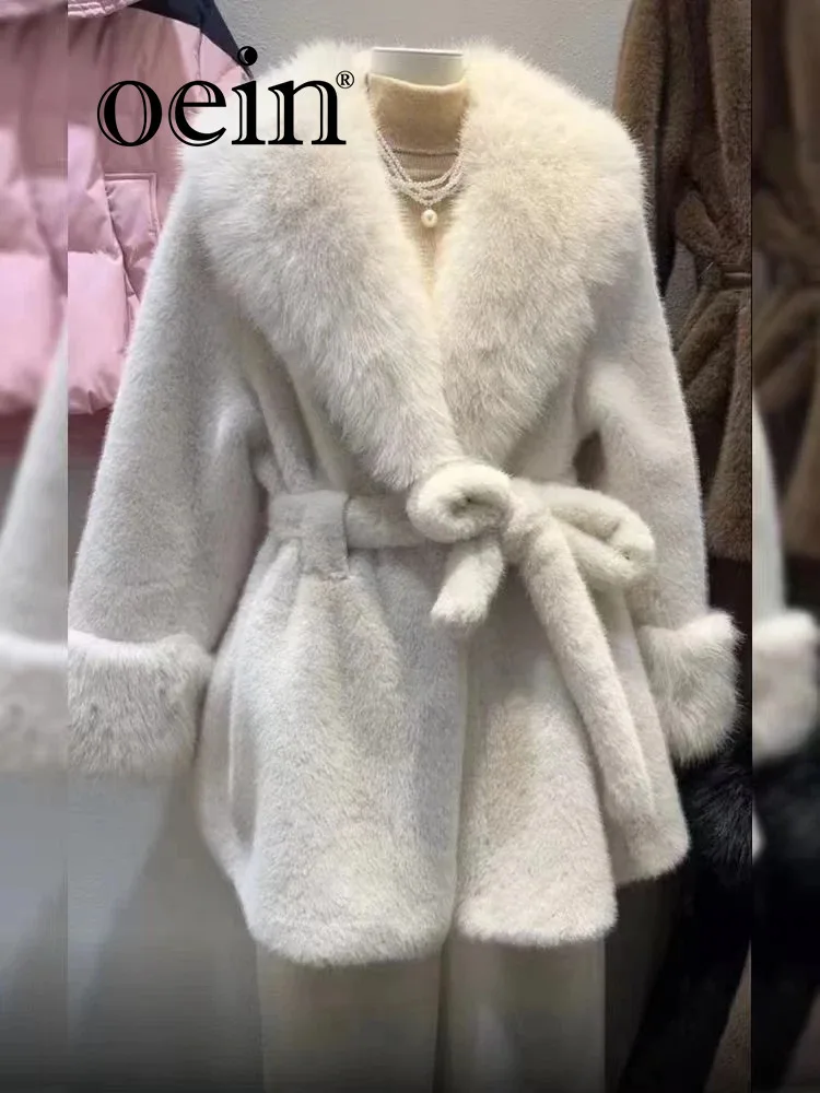 

[oein] 2024 Temperament Large Fur Collar Lace Up Medium Coat For Women High-end Light Luxury Long White Winter