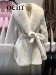 [oein] 2024 Temperament Large Fur Collar Lace Up Medium Coat For Women High-end Light Luxury Long White Winter