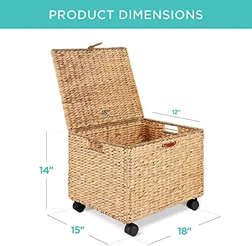 Handwoven Water Hyacinth Rolling Filing Cabinet, Mobile File Organizer for Hanging Folders W/Lid and Locking Wheels For